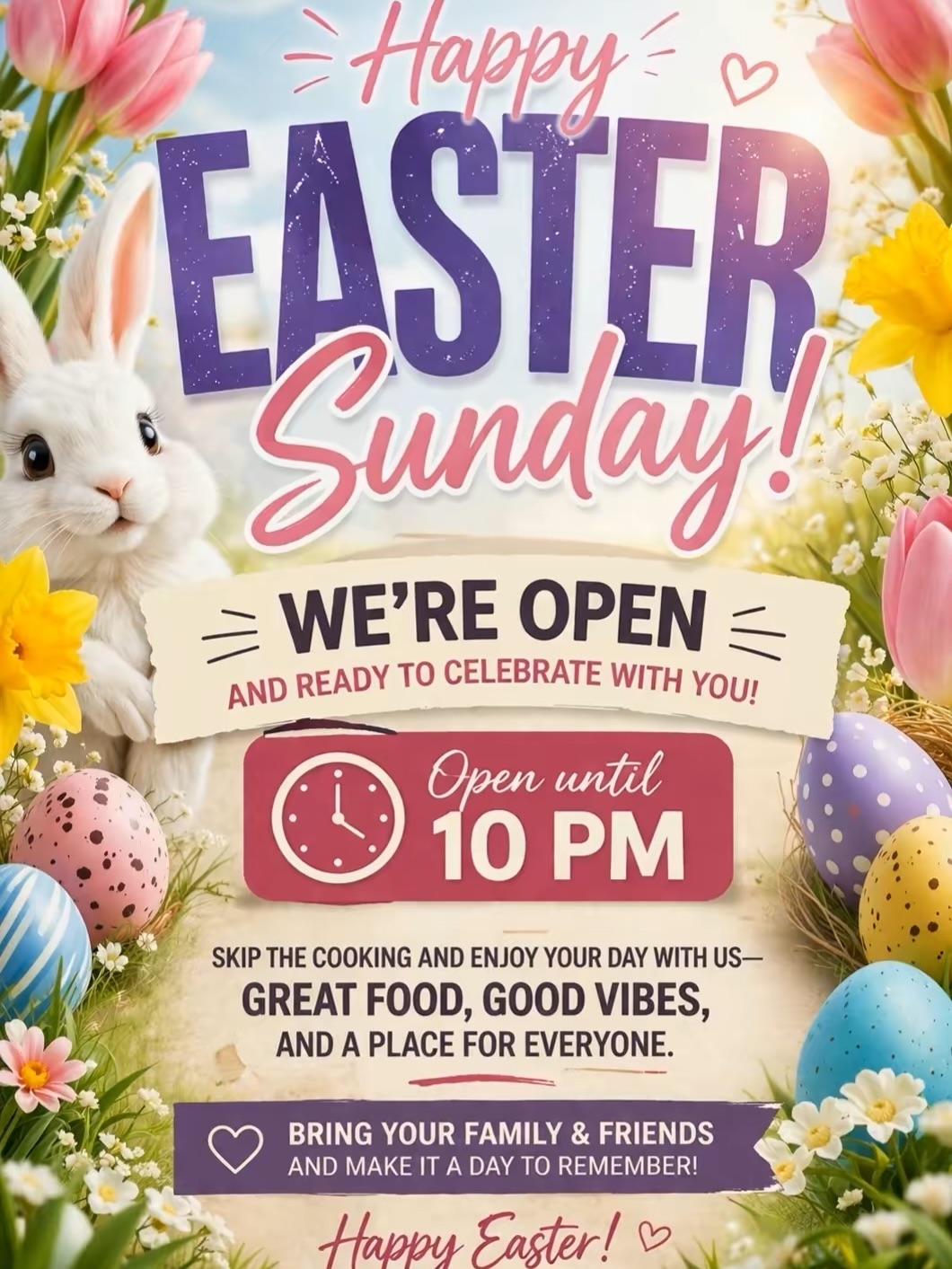 🐰🌸 Happy Easter Sunday! 🌸🐰

We are OPEN!! 🐣🌸🐰
Stop by anytime before 10pm!! 

Wishing you a beautiful day filled with joy, family, and good vibes 💛

Fruteria La Tropicana
🐣8518 Culebra Rd Suite 101,
 San Antonio, TX 78251
Sun-Thurs 11am-10pm
Fri & Sat 11am-11pm 

🐣100 Crossroads Blvd Suite 106
Balcones Heights, TX 78201
Every at day 11am-10pm
#easter #sunday #fruterialatropicana #smallbusiness